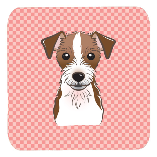 BB1202FC 3.5 x 3.5 In. Checkerboard Pink Jack Russell Terrier Foam Coasters- Set Of 4