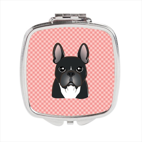Checkerboard Pink French Bulldog Compact Mirror- 2.75 x 3 x .3 In.