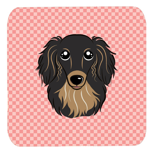 BB1213FC 3.5 x 3.5 In. Checkerboard Pink Longhair Black And Tan Dachshund Foam Coasters- Set Of 4
