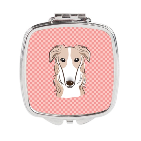 BB1228SCM Checkerboard Pink Borzoi Compact Mirror- 2.75 x 3 x .3 In.