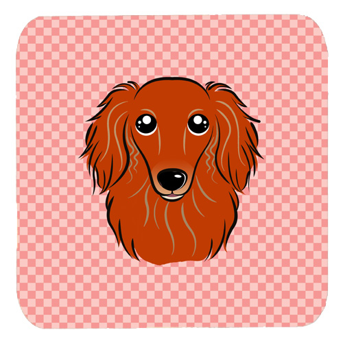 BB1214FC 3.5 x 3.5 In. Checkerboard Pink Longhair Red Dachshund Foam Coasters- Set Of 4