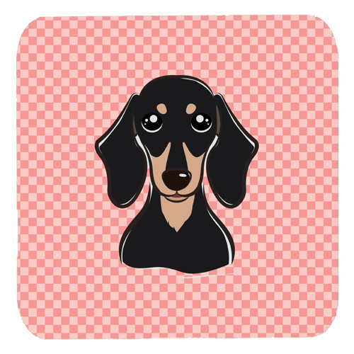 BB1215FC 3.5 x 3.5 In. Checkerboard Pink Smooth Black And Tan Dachshund Foam Coasters- Set Of 4