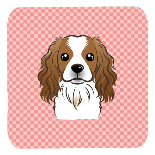3.5 x 3.5 In. Checkerboard Pink Cavalier Spaniel Foam Coasters, Set Of 4