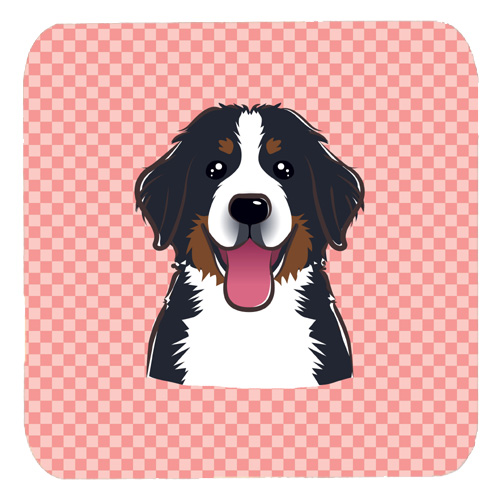BB1237FC 3.5 x 3.5 In. Checkerboard Pink Bernese Mountain Dog Foam Coasters- Set Of 4