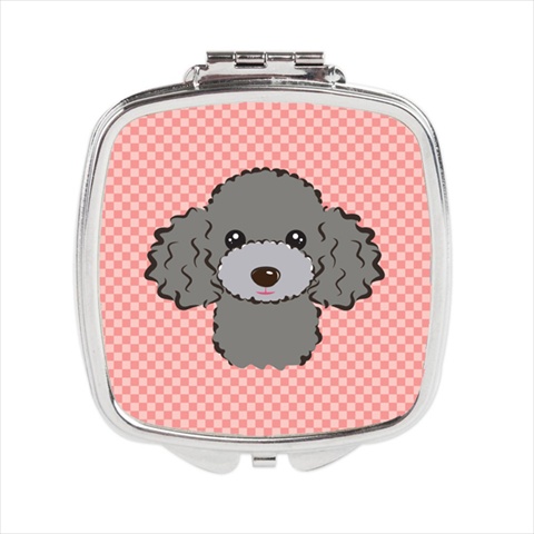 BB1259SCM Checkerboard Pink Silver Gray Poodle Compact Mirror- 2.75 x 3 x .3 In.