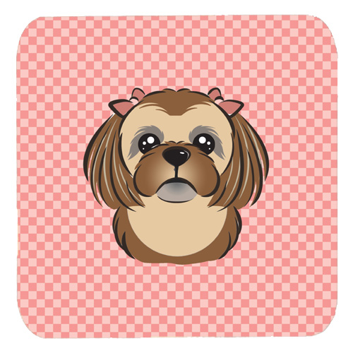 BB1249FC 3.5 x 3.5 In. Checkerboard Pink Chocolate Brown Shih Tzu Foam Coasters- Set Of 4