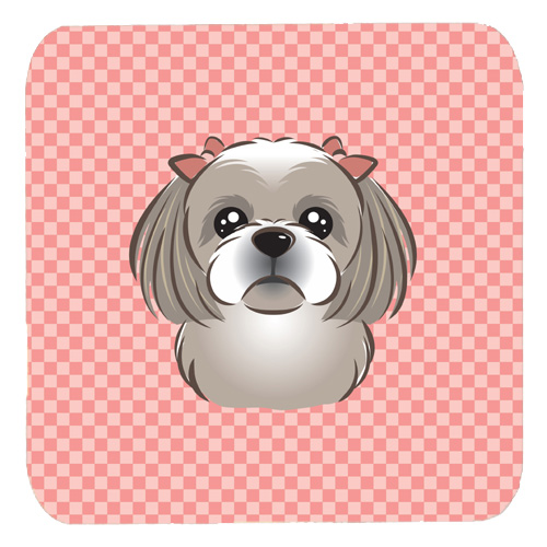 Checkerboard Pink Gray Silver Shih Tzu Foam Coasters- Set Of 4