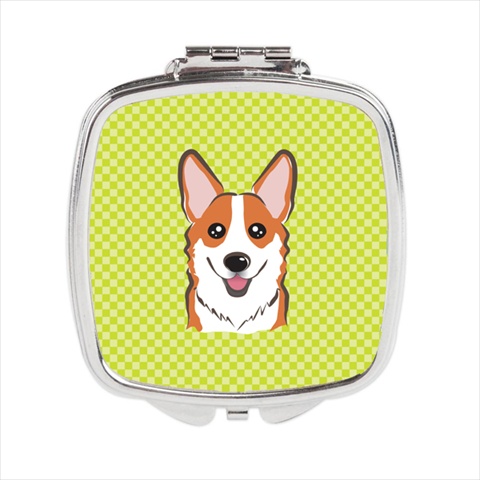 BB1316SCM Checkerboard Lime Green Corgi Compact Mirror- 2.75 x 3 x .3 In.