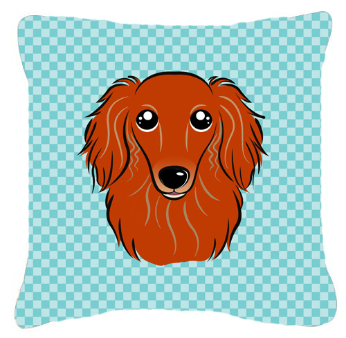 Checkerboard Blue Longhair Red Dachshund Fabric Decorative Pillow- 14 x 14 In.