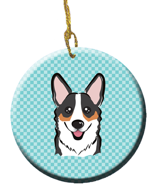 Checkerboard Blue Corgi Ceramic Ornament, 2.81 Dia.