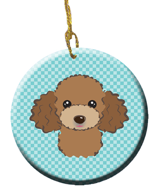 Checkerboard Blue Chocolate Brown Poodle Ceramic Ornament, 2.81 Dia.