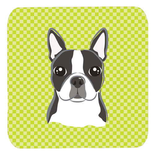 Checkerboard Lime Green Boston Terrier Foam Coasters - Set Of 4