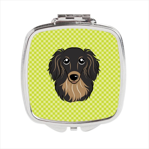 Checkerboard Lime Green Longhair Black And Tan Dachshund Compact Mirror