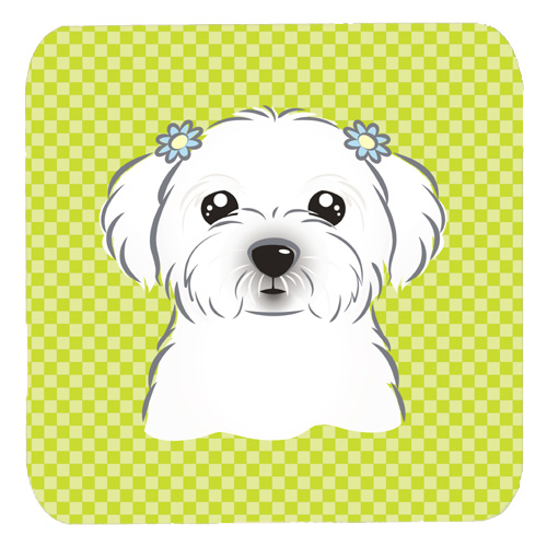 Checkerboard Lime Green Maltese Foam Coasters- Set Of 4