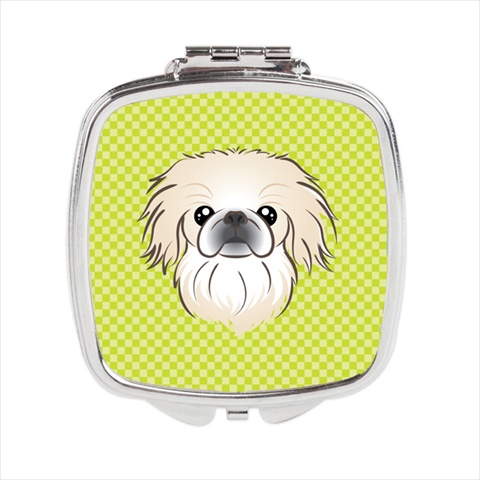 Checkerboard Lime Green Pekingese Compact Mirror- 2.75 x 3 x .3 In.