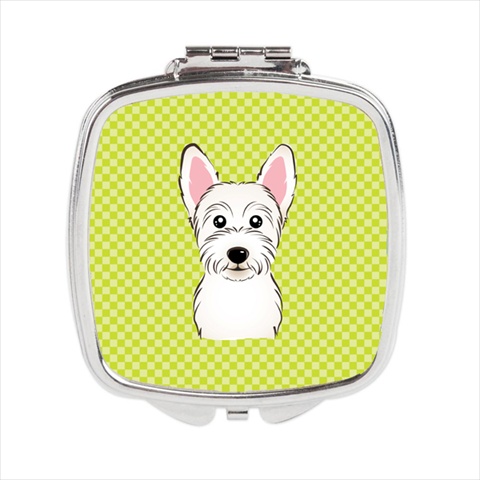 Checkerboard Lime Green Westie Compact Mirror- - 2.75 x 3 x .3 In.