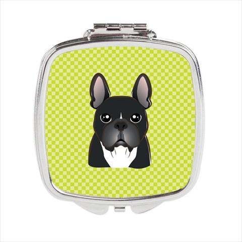 Checkerboard Lime Green French Bulldog Compact Mirror, 2.75 x 3 x .3 In.