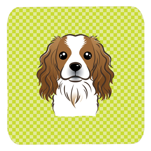 BB1286FC 3.5 x 3.5 In. Checkerboard Lime Green Cavalier Spaniel Foam Coasters- Set Of 4