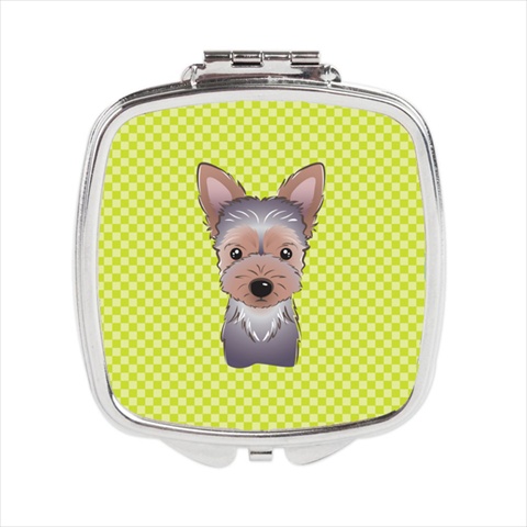 Checkerboard Lime Green Yorkie Puppy Compact Mirror, 2.75 x 3 x .3 In.
