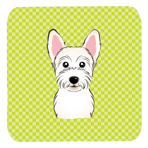 Checkerboard Lime Green Westie Foam Coasters - Set Of 4