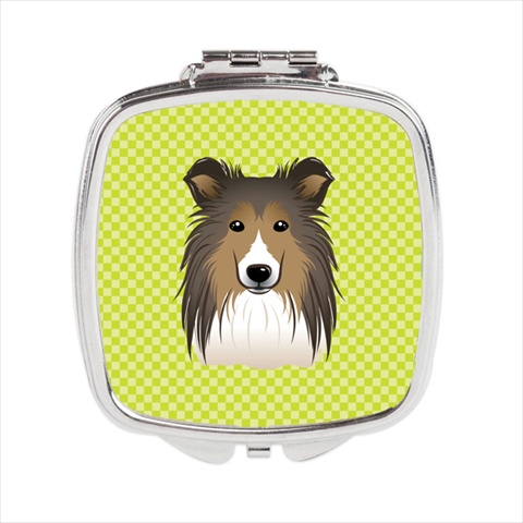 Checkerboard Lime Green Sheltie Compact Mirror - 2.75 x 3 x .3 In.