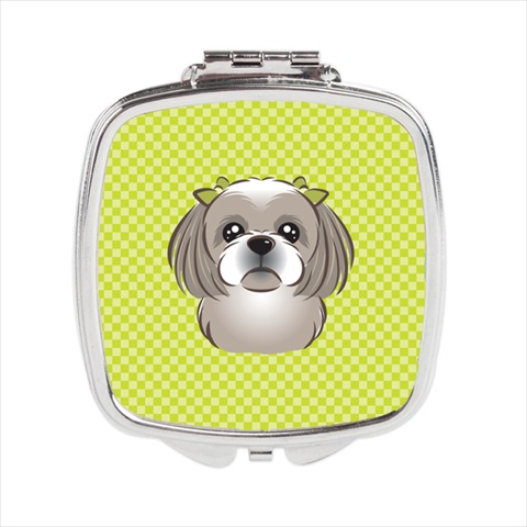 BB1312SCM Checkerboard Lime Green Gray Silver Shih Tzu Compact Mirror- 2.75 x 3 x .3 In.