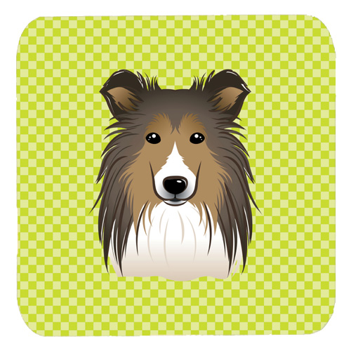Checkerboard Lime Green Sheltie Foam Coasters - Set Of 4