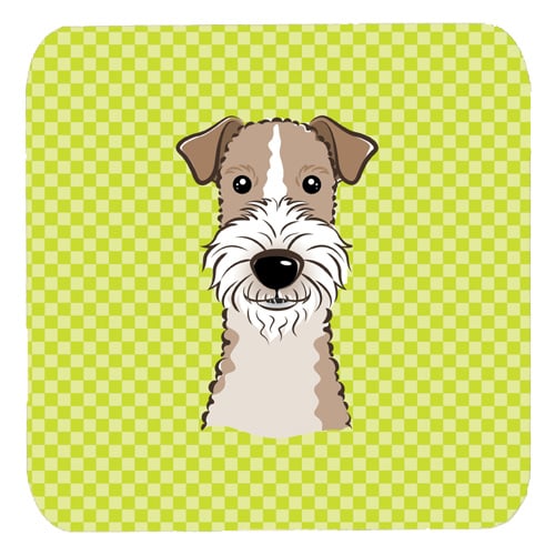 BB1309FC 3.5 x 3.5 In. Checkerboard Lime Green Wire Haired Fox Terrier Foam Coasters- Set Of 4