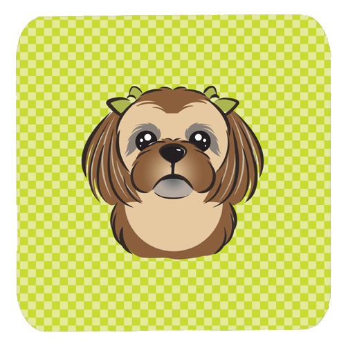 BB1311FC 3.5 x 3.5 In. Checkerboard Lime Green Chocolate Brown Shih Tzu Foam Coasters- Set Of 4