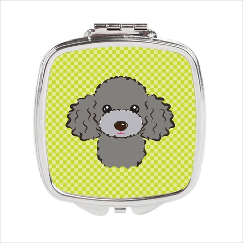 BB1321SCM Checkerboard Lime Green Silver Gray Poodle Compact Mirror- 2.75 x 3 x .3 In.