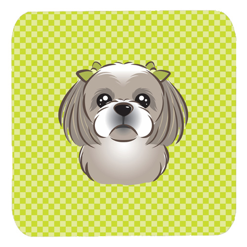 BB1312FC 3.5 x 3.5 In. Checkerboard Lime Green Gray Silver Shih Tzu Foam Coasters- Set Of 4