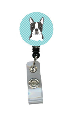 BB1141BR Checkerboard Blue Boston Terrier Retractable Badge Reel