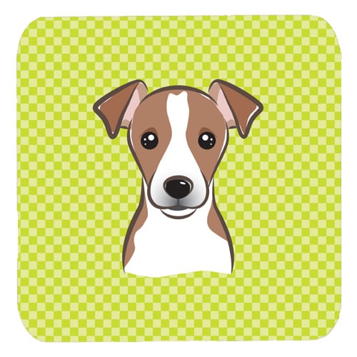 BB1322FC 3.5 x 3.5 In. Checkerboard Lime Green Jack Russell Terrier Foam Coasters- Set Of 4