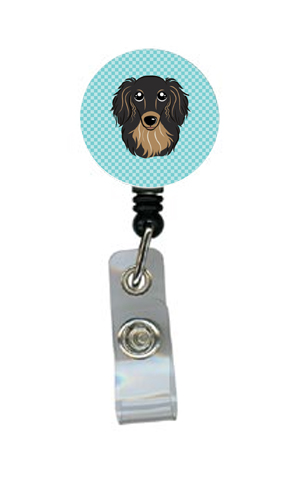 Checkerboard Blue Longhair Black And Tan Dachshund Retractable Badge Reel