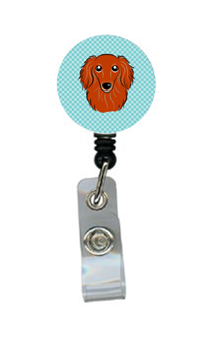 Checkerboard Blue Longhair Red Dachshund Retractable Badge Reel