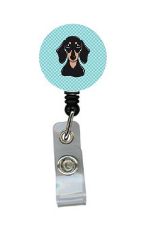 Checkerboard Blue Smooth Black And Tan Dachshund Retractable Badge Reel