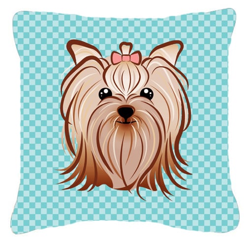 BB1142PW1414 Checkerboard Blue Yorkie Yorkishire Terrier Fabric Decorative Pillow- 14 x 14 In.