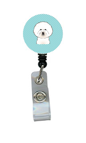Checkerboard Blue Bichon Frise Retractable Badge Reel