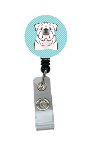 Checkerboard Blue White English Bulldog Retractable Badge Reel