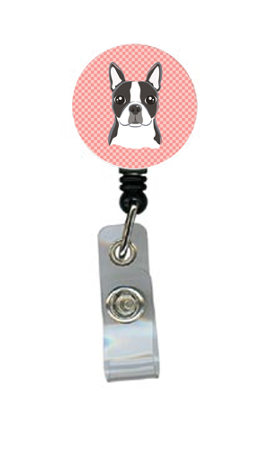 Checkerboard Pink Boston Terrier Retractable Badge Reel