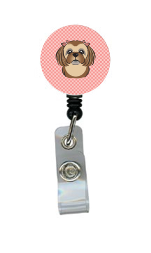 Checkerboard Pink Chocolate Brown Shih Tzu Retractable Badge Reel