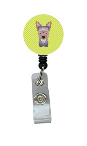 Checkerboard Lime Green Yorkie Puppy Retractable Badge Reel