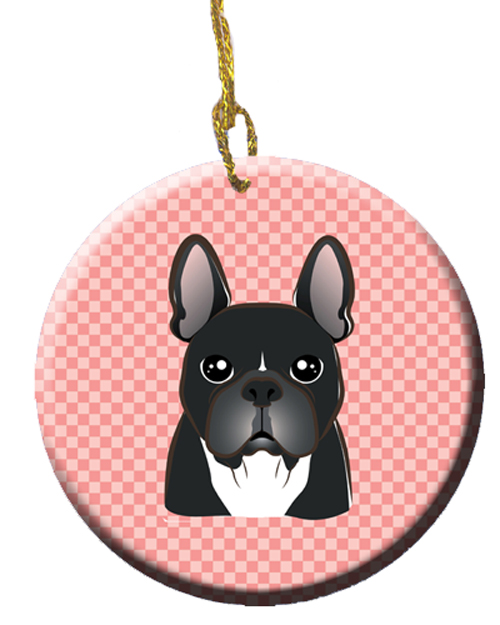 Checkerboard Pink French Bulldog Ceramic Ornament, 2.81 Dia.