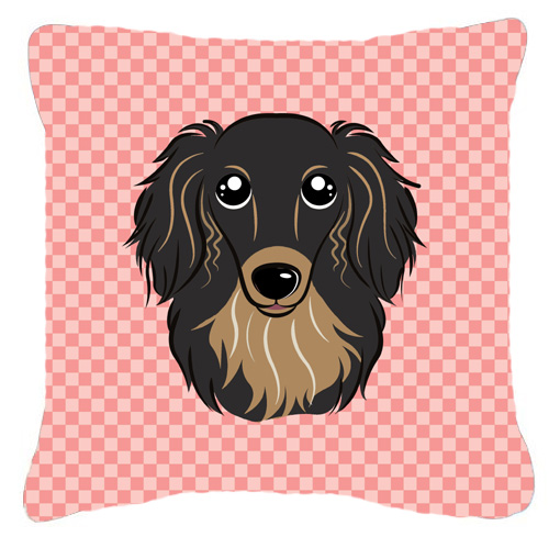 BB1213PW1818 Checkerboard Pink Longhair Black And Tan Dachshund Fabric Decorative Pillow- 18 x 18 In.