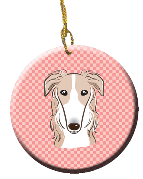 Checkerboard Pink Borzoi Ceramic Ornament, 2.81 Dia.