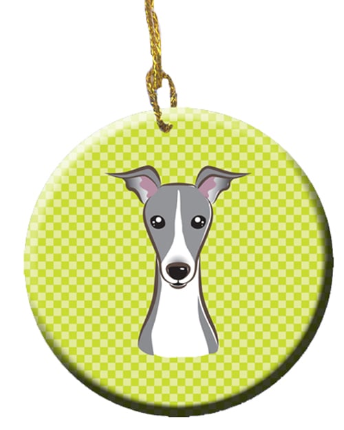 Checkerboard Lime Green Italian Greyhound Ceramic Ornament, 2.81 Dia.