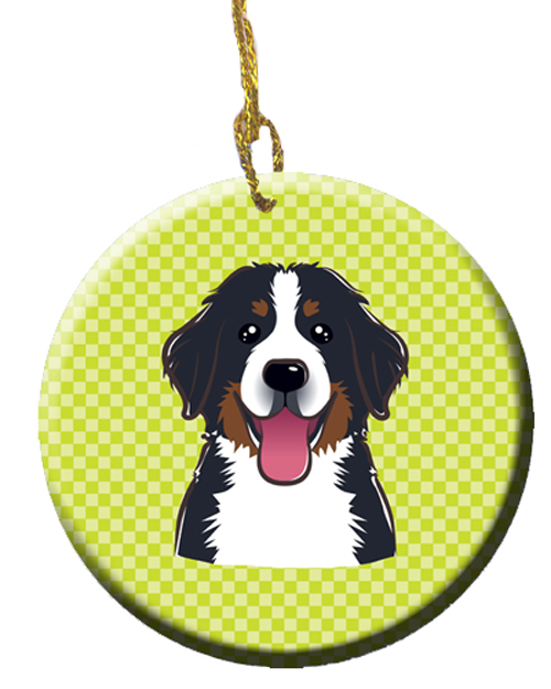 Checkerboard Lime Green Bernese Mountain Dog Ceramic Ornament, 2.81 Dia.