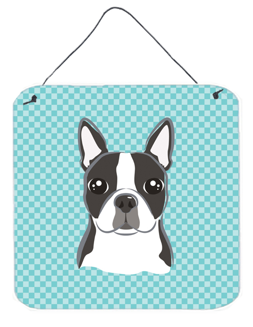 Checkerboard Blue Boston Terrier Aluminium Metal Wall Or Door Hanging Prints, 6 x 6 In.