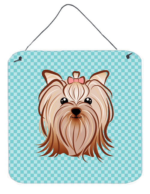 Checkerboard Blue Yorkie Yorkishire Terrier Aluminium Metal Wall Or Door Hanging Prints, 6 x 6 In.