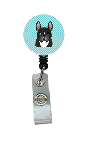 Checkerboard Blue French Bulldog Retractable Badge Reel